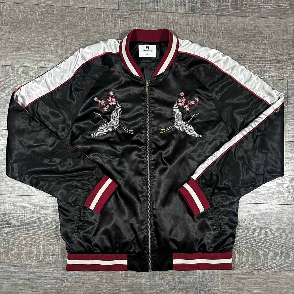 Standard Issue Mens Large Black Satin Souvenir Jacket Crane Embroidery LTJ167